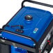 A DuroMax portable generator with a blue cover on wheels.