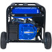 A blue DuroMax portable generator on a black frame with wheels.