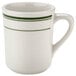 a white mug with green stripes