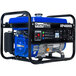 A blue and black DuroMax portable power generator with a black post.