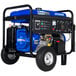 A blue and black DuroMax portable generator with wheels.