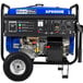 A blue and black DuroMax portable generator with a wheel kit.