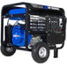 A DuroMax portable generator with a blue engine and wheel kit.