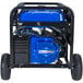 A blue and black DuroMax portable generator on wheels.