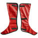 A pair of red boots with black straps, one with a black stripe.