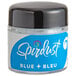 A close up of a blue and white Spirdust container with a black lid. The powder inside is blue and bluish glitter.