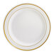 A round bone or ivory plastic plate with two gold bands near the rim.
