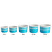 A row of blue paper Choice frozen yogurt cups with white lids.