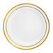 A white plastic plate with two gold bands near the rim.