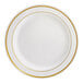 A round bone or ivory plastic plate with two gold bands near the rim.