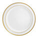 A white plastic plate with two gold bands around the rim.