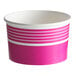 A pink paper Choice food cup with white stripes.