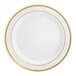 A white plastic plate with two gold bands near the rim.