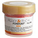 A plastic container of Roxy & Rich Orange Fondust food coloring with a label.