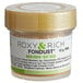 A plastic container of Roxy & Rich Neon Green Fondust food color powder with a label.