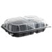 A 11" x 8 1/2" x 3" plastic microwaveable 3-compartment container with clear lids.