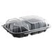 A clear plastic 3-compartment container with a clear lid.