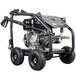 A Simpson pressure washer with a roll cage and black wheels with a hose attached.