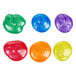 Six different colored round objects with designs on them in yellow, orange, purple, blue, red, and green.