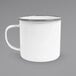 A white enamel mug with a grey rolled rim and handle.