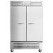 A stainless steel Beverage-Air refrigerator with two doors.