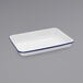 A white and blue rectangular enamelware tray.