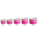 A row of pink paper Choice frozen yogurt containers with white stripes.