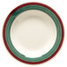 A white melamine bowl with a circular center decorated with red, green, and blue stripes.