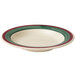 A white bowl with red and green diamond stripes.