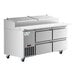 An Avantco stainless steel refrigerated pizza prep table with 4 drawers on wheels.