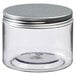 A clear plastic jar with a silver lid.