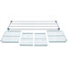A white metal grid shelf with metal bars.
