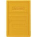 A yellow plastic rectangular lid with text.