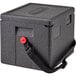 A black Cambro Cam GoBox food pan carrier with a red strap.