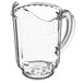 A clear plastic pitcher with a handle and a window.