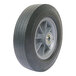 A black wheel with a metal rim and black tire on a silver metal rim.