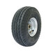 A close-up of a black tire with a silver rim.