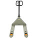 A Wesco grey pallet jack with black handle.