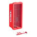 A red surface-mounted fire extinguisher cabinet with a hammer attachment.