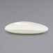 A white oval shaped saucer with a curved edge.