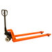 An orange Wesco hand pallet truck with long forks.