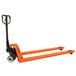 An orange Wesco pallet truck with black wheels and handle.