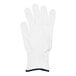 A white glove with blue trim on it.