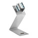 A white countertop stainless steel Z-stand with metal brackets.
