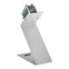 A white metal rectangular Z-stand with metal screws and 3 stainless steel dispensers on top.