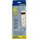 A close-up of a Voltec white power strip with 6 outlets.