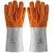 A pair of orange and white leather oven gloves with grey accents.