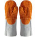 A pair of orange and grey leather oven mitts.