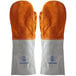 A pair of orange and grey leather oven mitts.