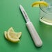 A Dexter-Russell Sani-Safe Paring Knife next to lemon slices on a green surface.